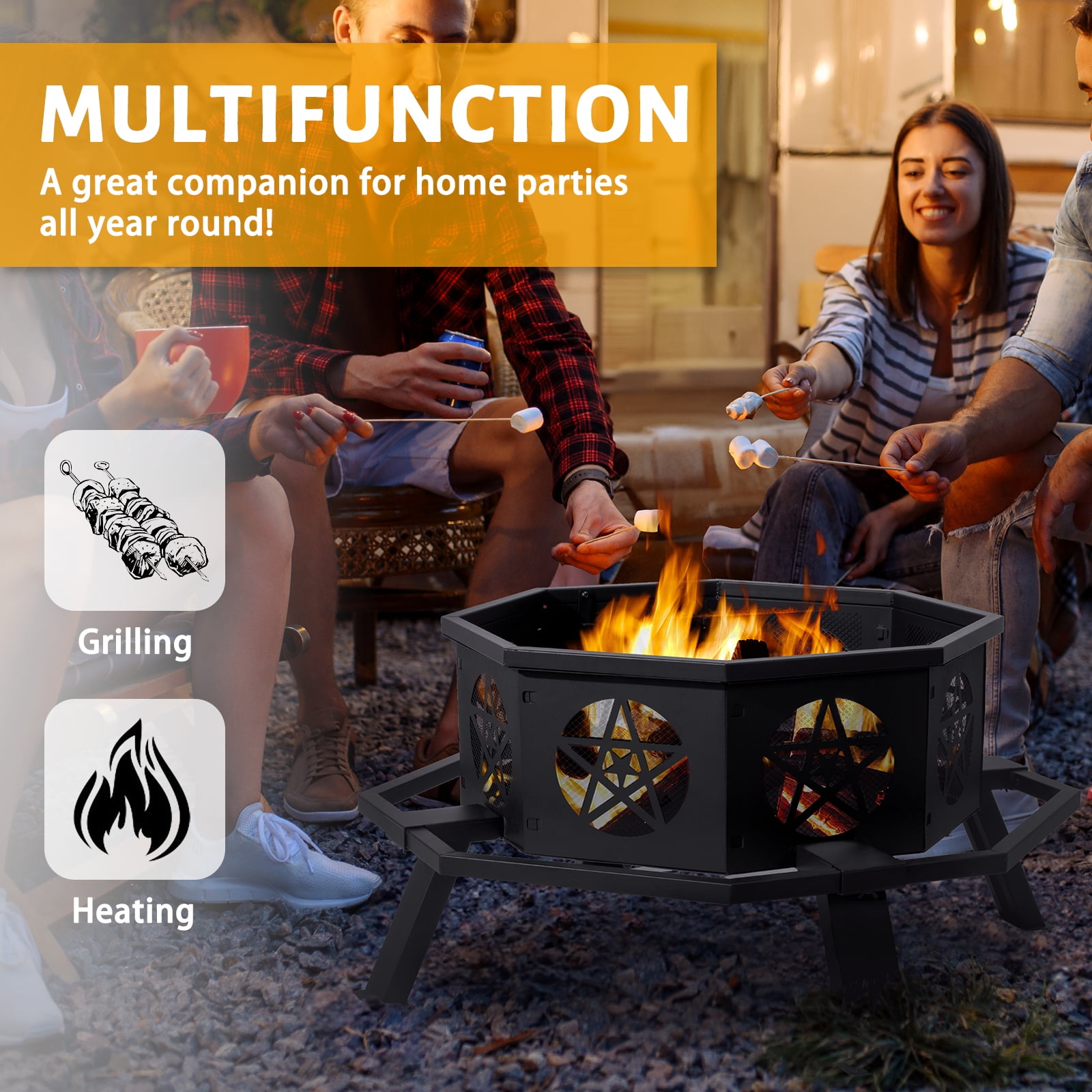 35" Fire Pit for Patio, HexShaped Steel Fire Pit with Flame-Retardant Lid, Outdoor Metal Fire Pit with Storage Shelf, Multifunctional Heater/Grill/Ice Pit for Backyard Patio Garden BBQ Grill, S7645