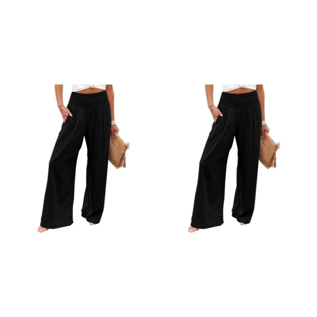 Pantalones de verano Minnieouse para mujer color sólido Suelto Casual Pierna ancha Negro METRO 2piezas