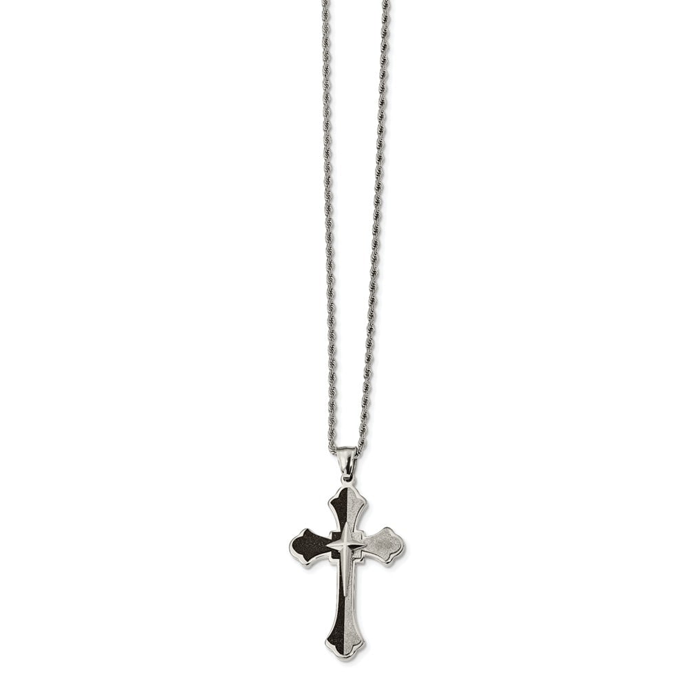 Stainless Steel Polished & Laser Cut Cross Crucifix Pendant Necklace
