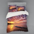 thumbnail image 2 of Landscape Duvet Cover Set, Photo of Sunrise with Cloudy Sky at Seashore Dramatic Dawn Island Forest, Bedding Set with Shams and Fitted Sheet, 3 Sizes, by Ambesonne, 2 of 3