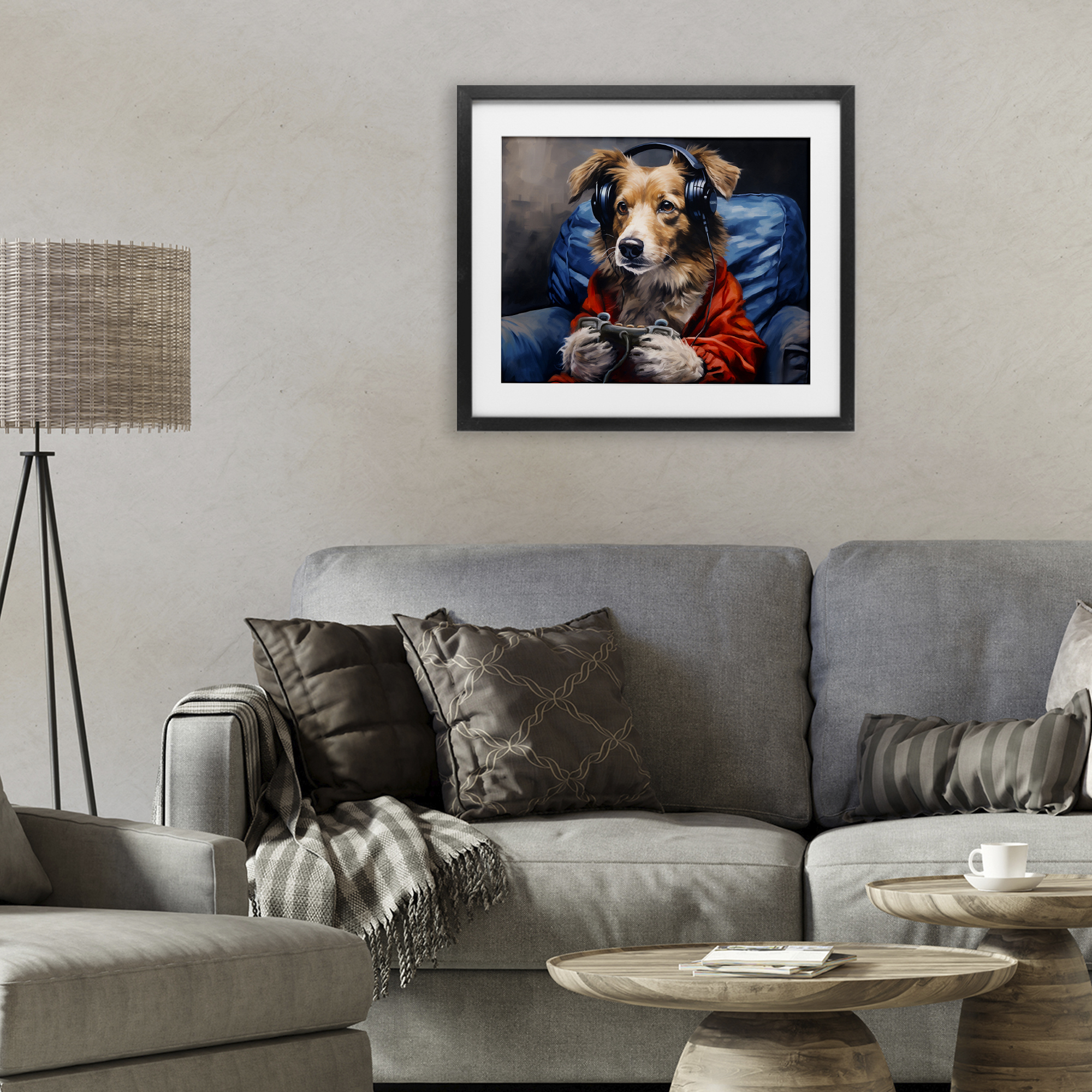 Game Master Dog Black Framed Print Under Glass, design by Shawna Stewart