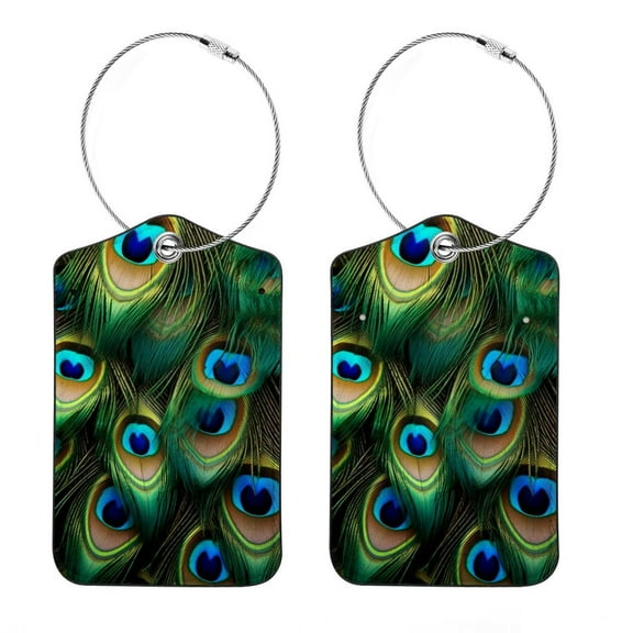 Set of 2 Luggage Tag for Suitcase, Unique Leather Baggage Tags Identifiers Privacy Cover Id Label with Stainless Steel Loop for Women Men Kids Girls, Peacock Feather