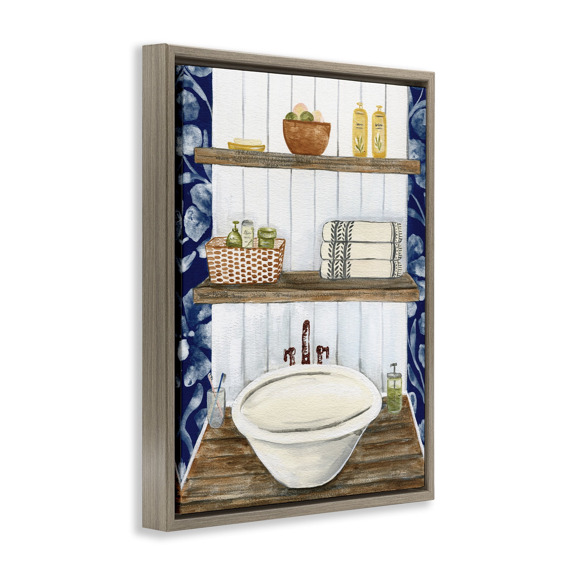 Stupell Industries Bold Blue Bathroom Typography Painting Brown Floater Framed Canvas Art Print Wall Art, 25 x 31