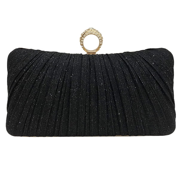 Cartera de mano con purpurina dorada para mujer, bolso de noche plisado para fiesta de bodas nupciales con anillo de diamantes de imitación