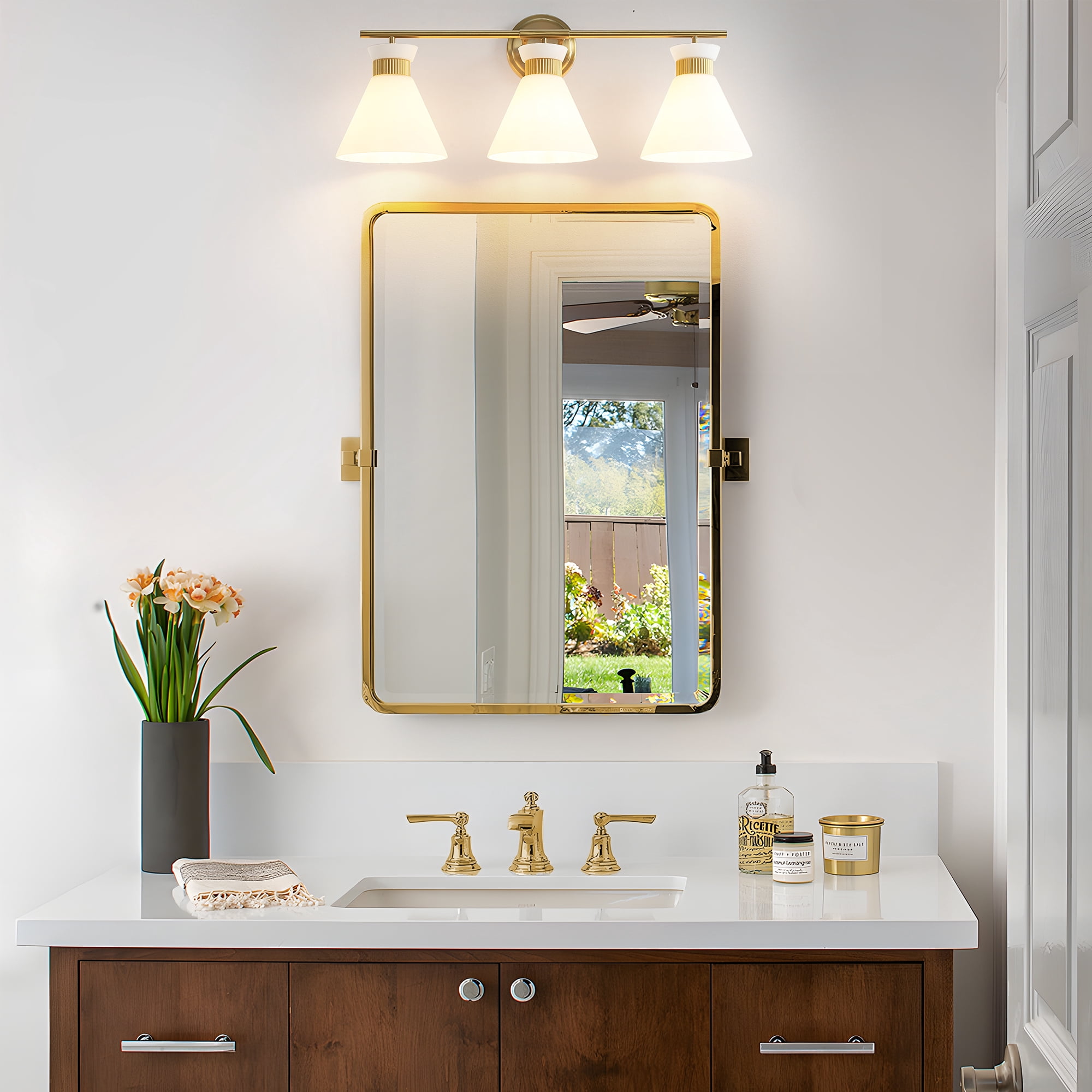 3-Lights Vanity Lights for Bathroom Gold Wall Sconce Lighting with Frosted Milky Glass for Over Mirror Bedroom Hallway