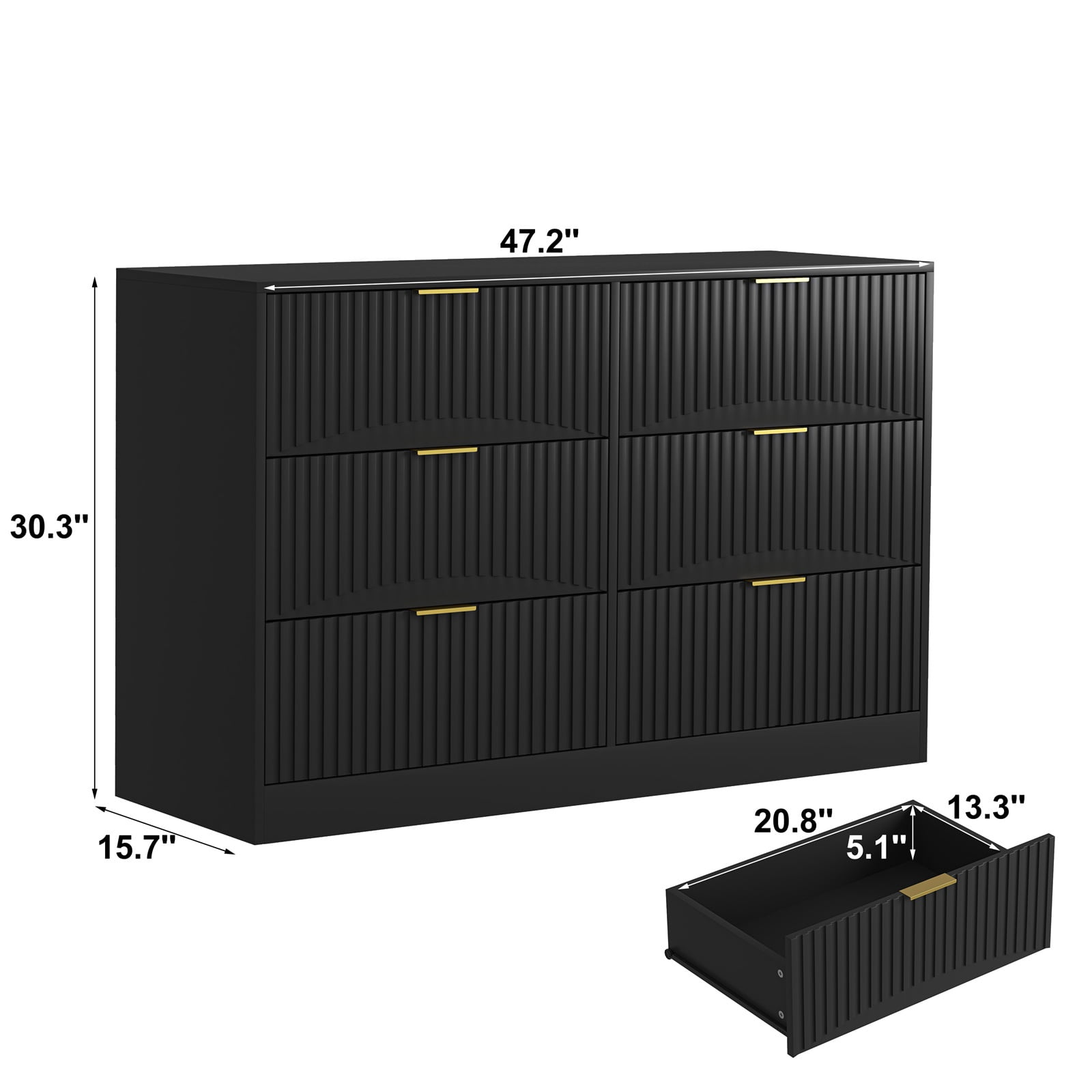 Hommoo Modern 6-Drawer Wavy Patterns Dresser Storage Cabinet Credenza, Chest of Drawers for Bedroom, Living Room, Hallway, and Entryway, Black