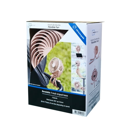 Condition photo showing As Is for mainstays 4\" 3-speed portable rechargeable fan, flexible tripod and digital display, black blush, model#fn1005npb