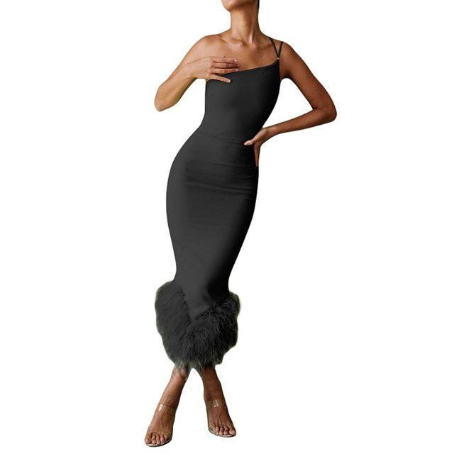 Lucakuins Vestido largo largo para mujer, sin mangas, sin espalda, irregular, con retazos de plumas, ajustado, vestido ajustado sólido para cóctel de fiesta Lucakuins moda