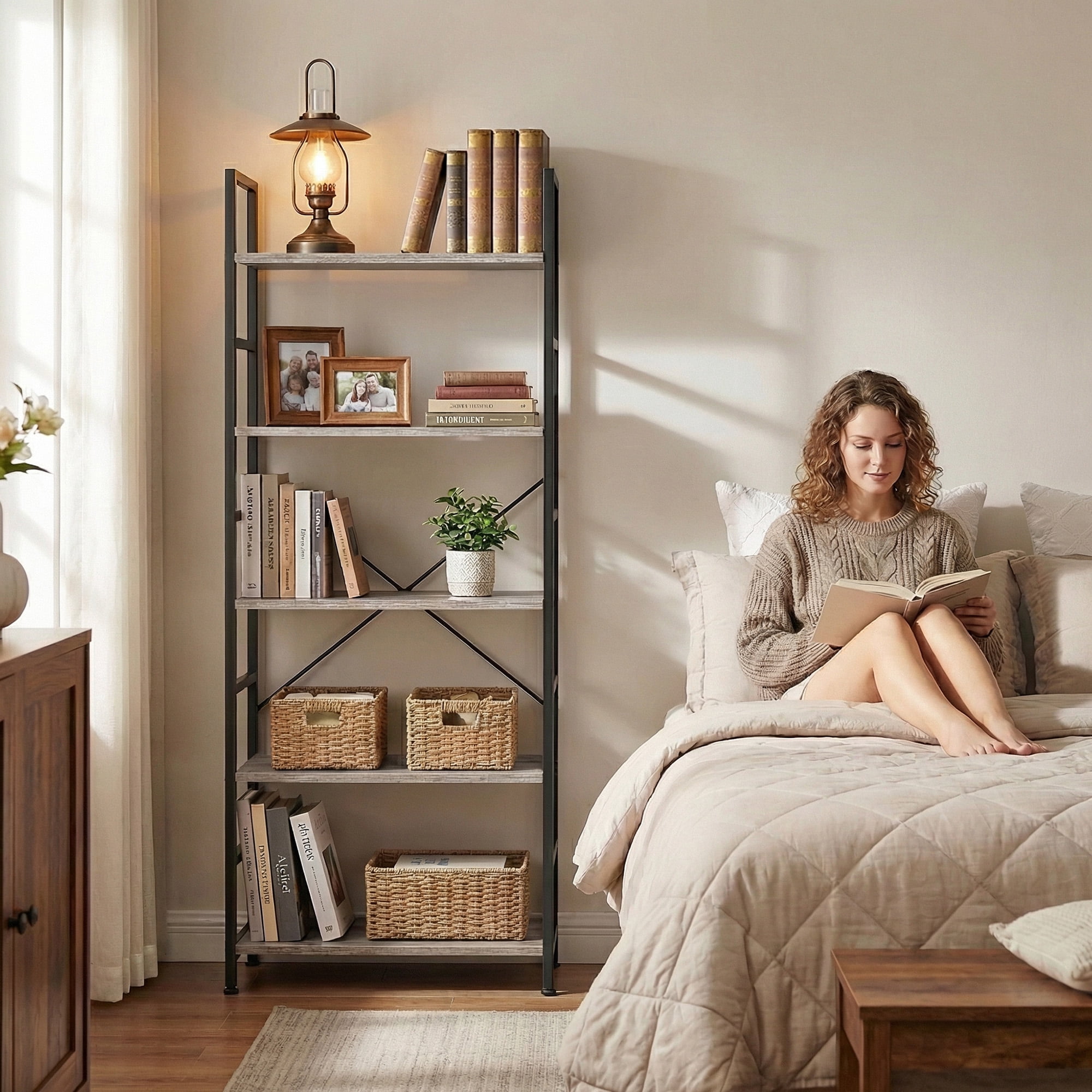 Atilioo 5 Tiers Bookcase, Heavy Durty Bookshelf Storage Organizer, Tall Display Shelves for Bedroom, Living Room, Gray