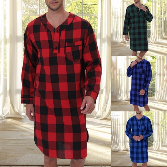 ibiyuan Men'S Pajama Sets Men Flannel Plaid Pocket Sleep Nightshirt, Long Sleeve Blend Fabric Loose Casual Home Loungewear Top