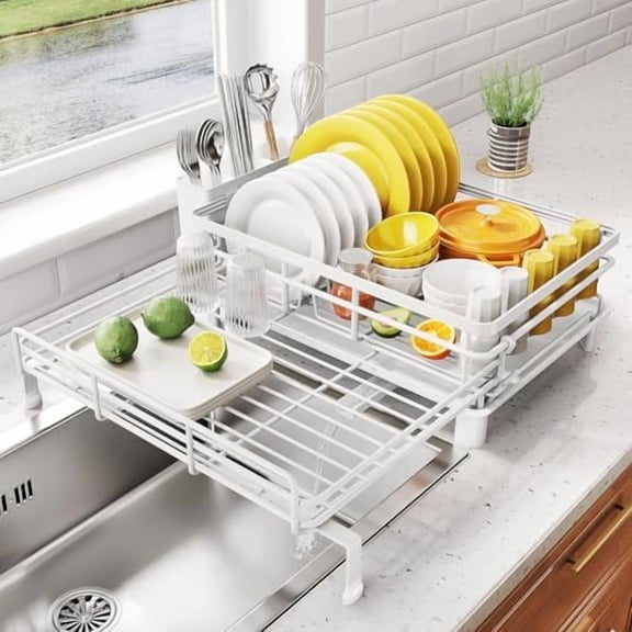 Dish Drying Rack - Extendable Dish Rack, Large Sink Drying Dish Drainer for Kitchen Counter, Stainless Steel Dish Strainer with Utensil Holder (White)