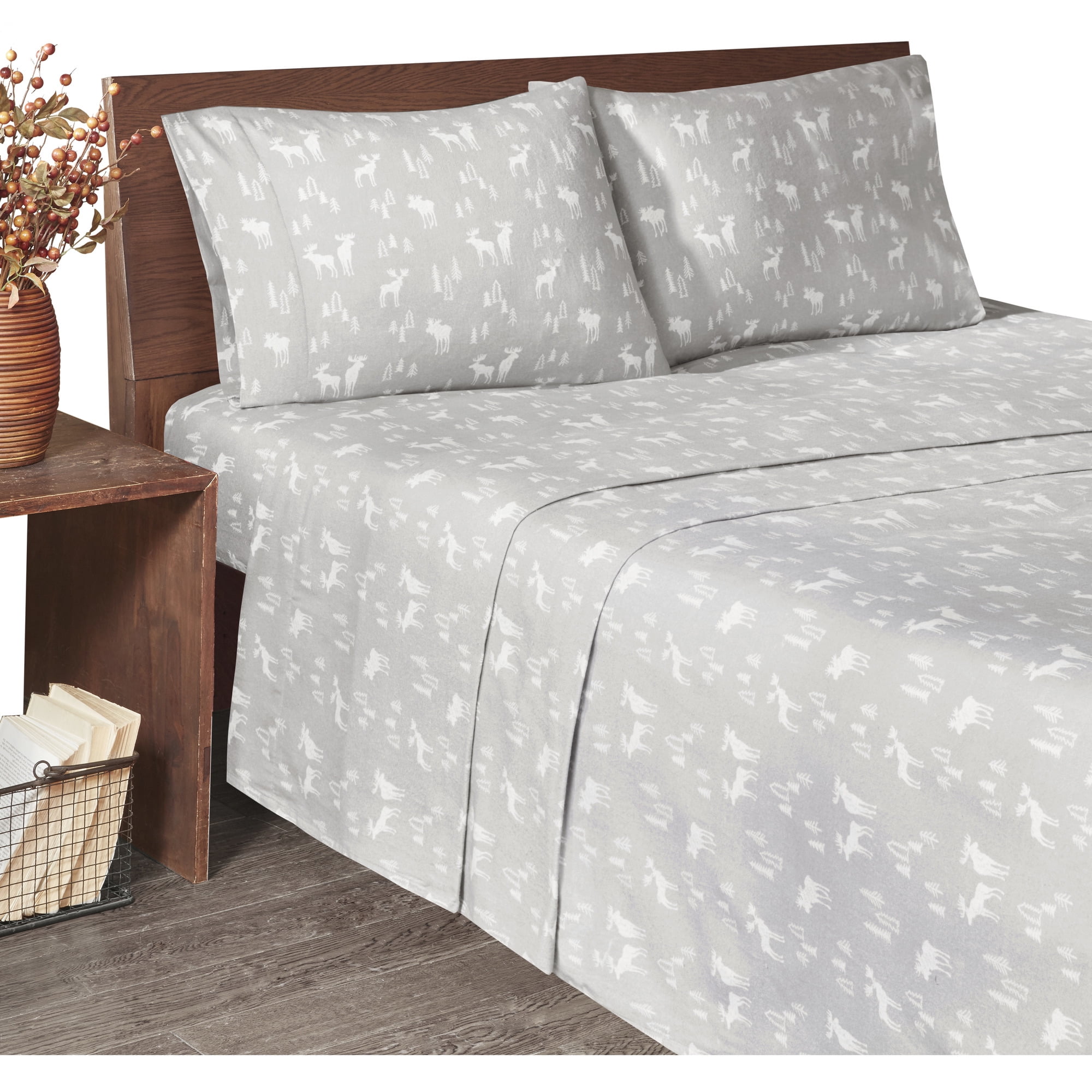 Woolrich 4-Piece Grey Moose Cotton Flannel Sheet Set, Queen
