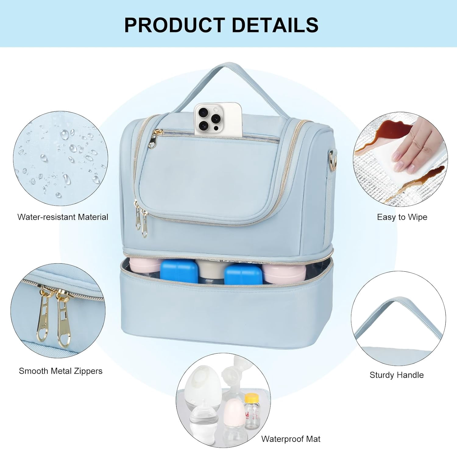Wearable Breast Pump Bag with Cooler Compartment Fits for Willow/Eufy/Elvie/Momcozy M5/S12 Pro/Medela, Breast Milk Travel Tote Bag with Ice Pack & Waterproof Mat,Blue