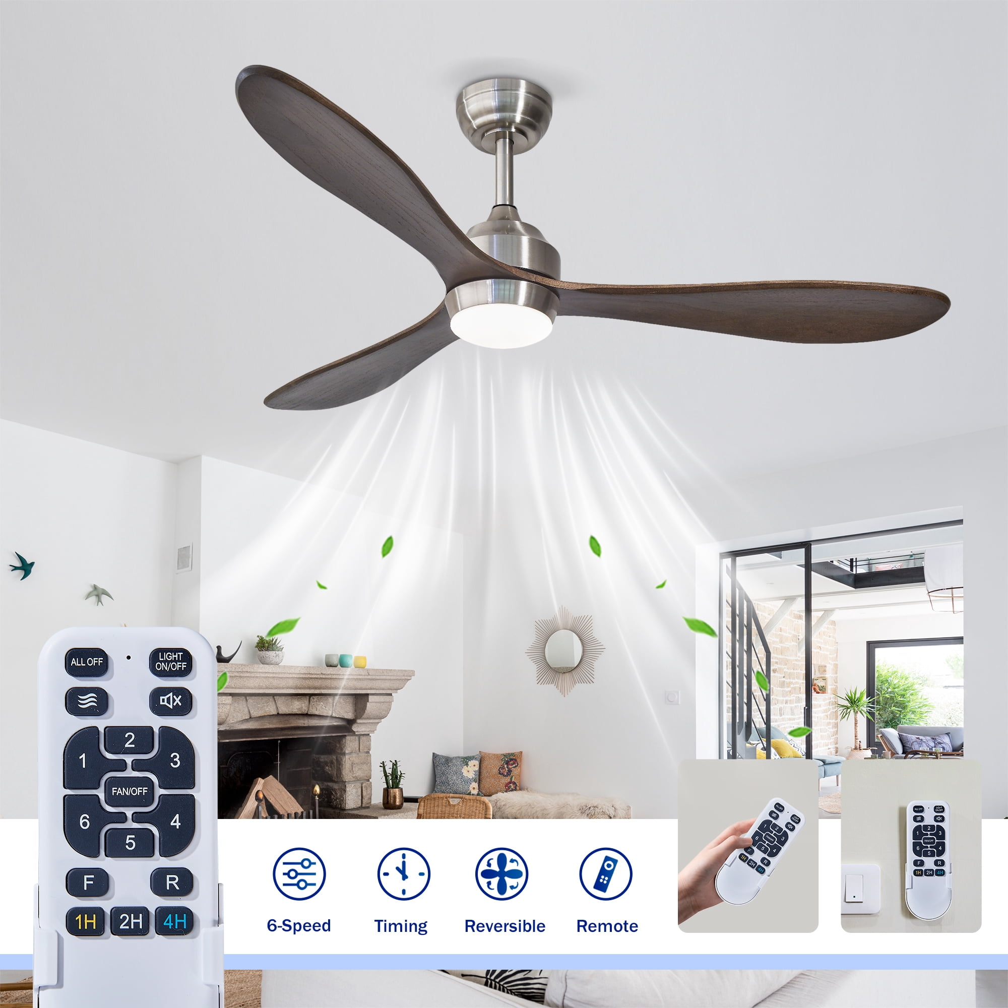 Eowynic 52-Inch Industrial Ceiling Fans with Lights, DC Motor, 6 Speed, Remote Control, 3 Blade,  Nickel