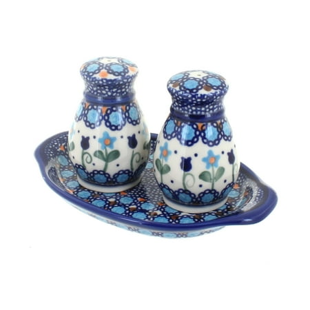 Polish Pottery Savannah Salt & Pepper Shakers with Dish