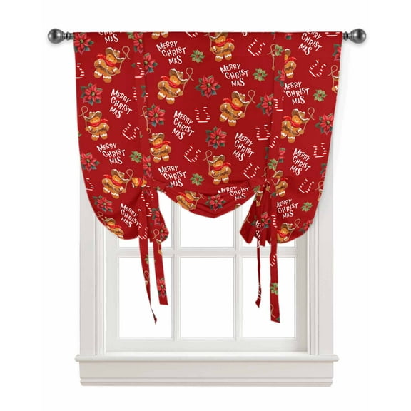 Red Christmas Tie Up Curtains for Window, Western Xmas Poinsettia Botanical Thermal Insulted Balloon Shade Adjustable Rod Pocket Curtains Valance Panels for Kitchen Bathroom Café 34 x 45