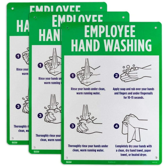 Employee Hand Washing Signs 3 Pack, Pre-Drilled Industrial Handwash Guide