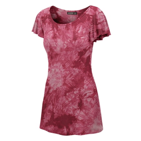 - Made by Johnny MBJ WT1108 Womens Tie Dye Round Neck Short Ruffle Sleeve Tunic Top XL Wine