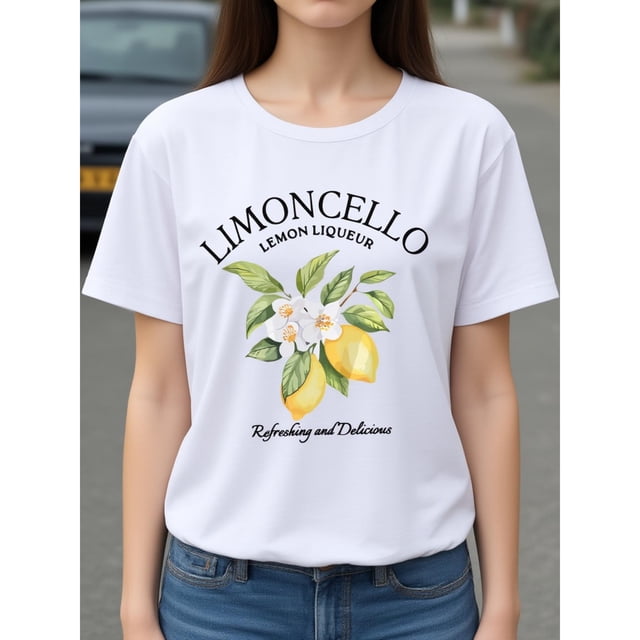 Camiseta con estampado gráfico, Top casual de manga corta y cuello redondo, Ropa de mujer