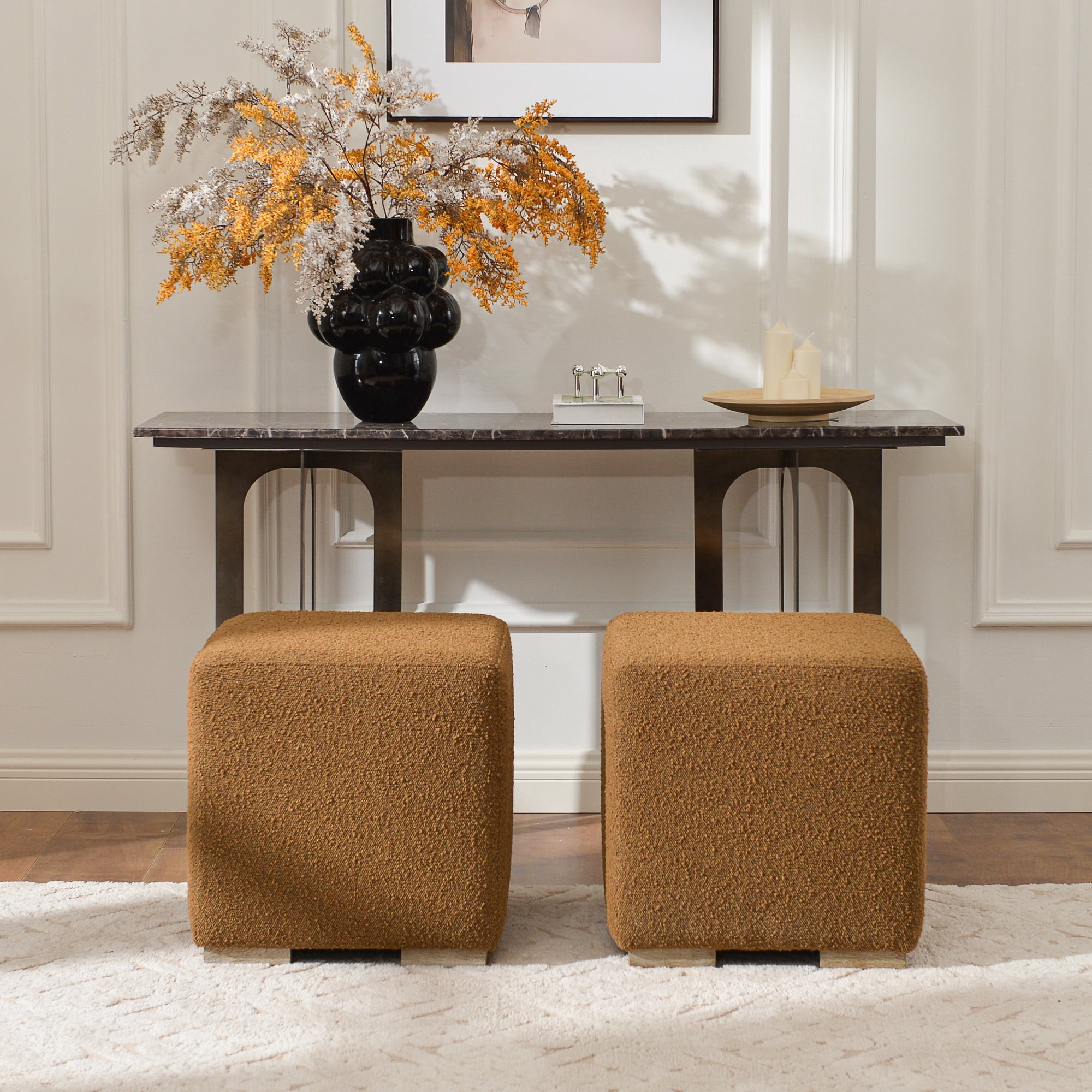 18.5" Wide Modern Square Boucle Upholstered Ottoman with Solid Wood Legs Set of 2, Multi-Functional Sofa Footrest, Side Table, Extra Seating for Living Room, Bedroom, Fully Assembled (Brown)