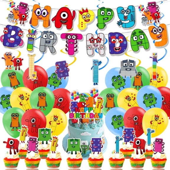 Digital blocks Themed Birthday Party Decoration Set, 38-piece set includes backdrop, banner, cake toppers, balloons, and cupcake decorations.