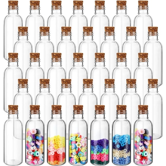 50 Pack 2 oz Clear Plastic Sand Art Bottles with Cork Stoppers Sand Art Containers Jar with Lid Mini Potion Bottles for DIY Wedding Party Favors Wish and Message Bottle(Wood Color)