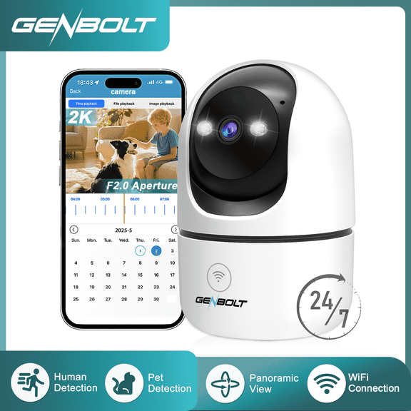 GENBOLT WiFi Security Camera Indoor, 360°Dual Lens Home Surveillance IP Camera CCTV with Humanoid Detection, Auto Cruise Nanny Pet Dog Cam, 2.4&5GHz Dual WiFi Baby Monitor with Audio Alarm