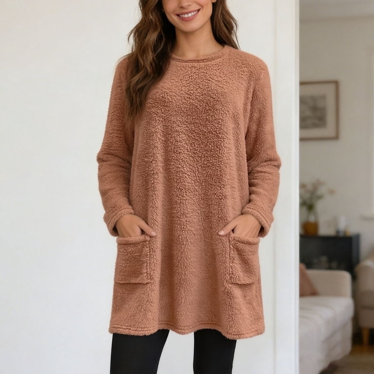 ladies sweatshirt dress Bibifish Womens Solid Color Long Length Crew Neck Long Sleeve Loose Fit Daily Wear With Pocket SPRINGJEANS