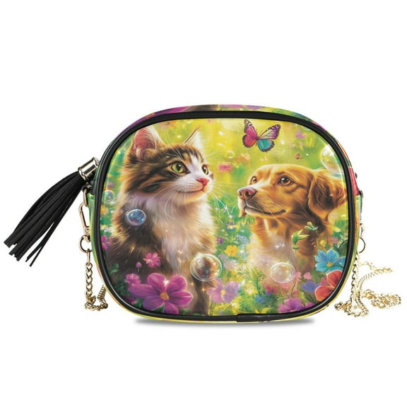 Womens Casual Chain Shoulder Bag Simple style Cat and Dog with Butterflies Crossbody Bag