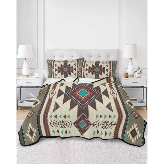 Quilts Twin XL Size, Brown Southwest Soft Comforter Bedding Set for Bed, Ethnic Boho Tribal Vintage Geometric Lightweight Quilted Bedspread with Pillow Cover(2 Pieces) for All Season, 68x98 Inch