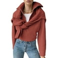 thumbnail image 2 of Womens Quarter Zip Pullover V Neck Collar Long Sleeve Ribbed Knit Loose Casual Winter Fall Sweater Copper Red L, 2 of 9