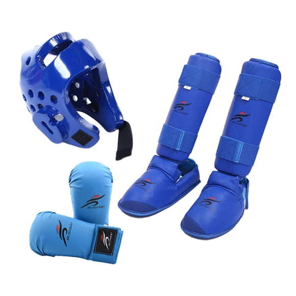 Equipo de entrenamiento de karate con espinilleras, calzado, casco de entrenamiento de boxeo, para artes marciales de sparring, Sanda, Grappling Azul S