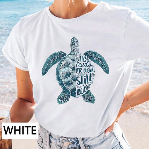 He Leads Me Beside Still Waters Turtle Shirt Psalm 23 Christian Beach Tee Faith Based Sea Turtle Tshirt Coastal Christian