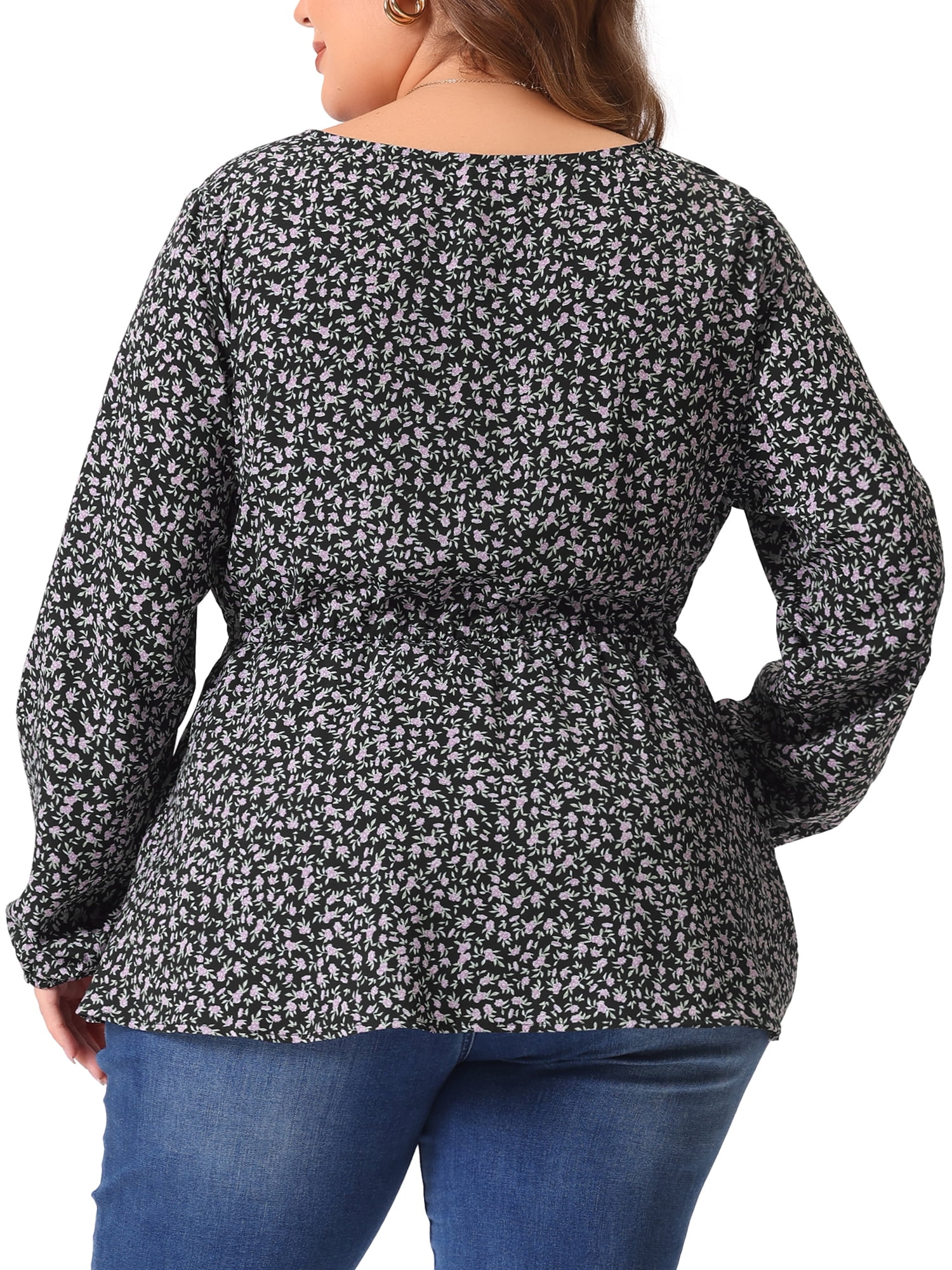 DARING DIVA Women's Plus Size Floral Print Long Sleeve Belt Tie Peplum Top 3X Purple