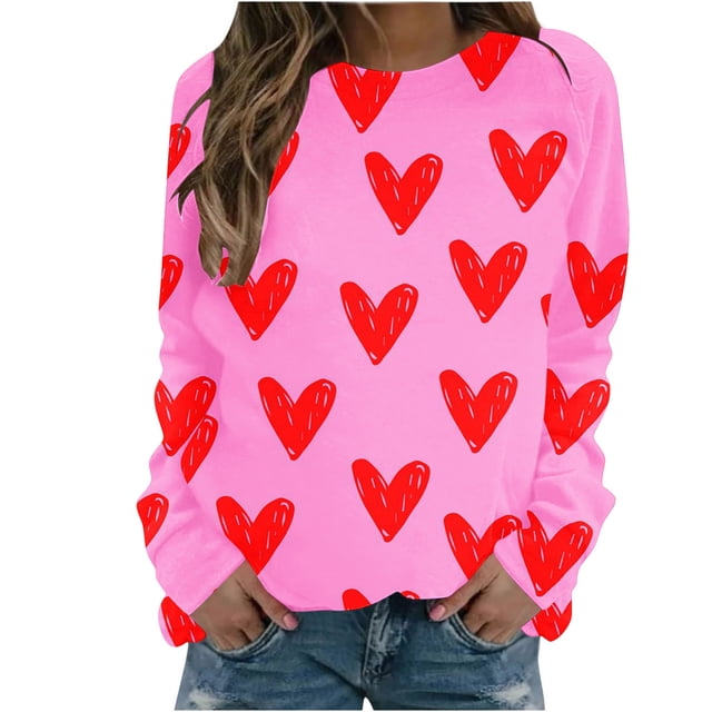 Diufon Hauts de la Saint-Valentin pour Femmes Manches Longues Col Rond Chandail Décontracté Tendance Mignon Imprimé Graphique Blouse