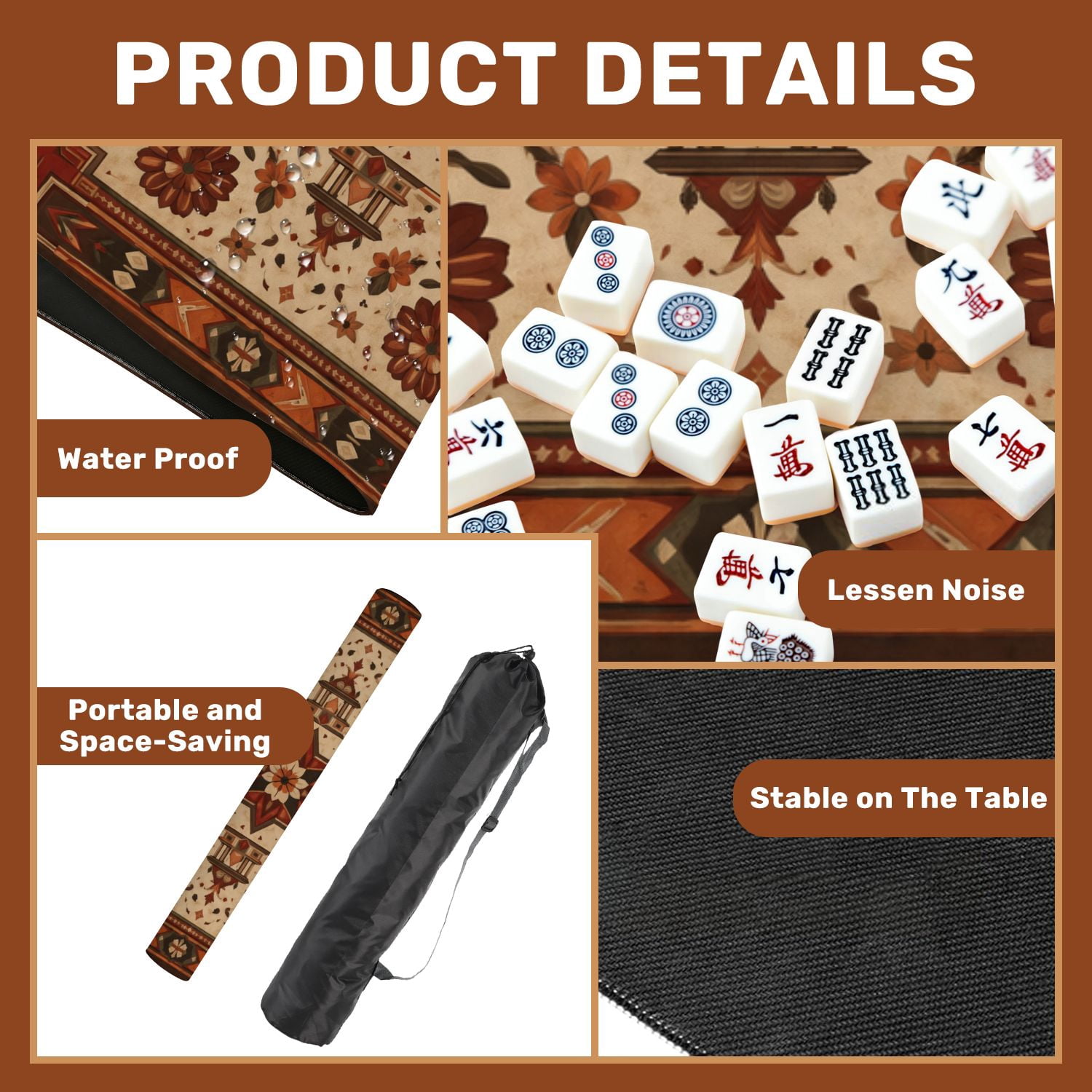 Mahjong Mat 31.5" x 31.5" Ornamental Geometric Floral Red Orange Brown Accents Beige Non-Slip Noise Reduction American Mahjong Tiles Table Cover for Dominoes Poker Card Board Games Gift