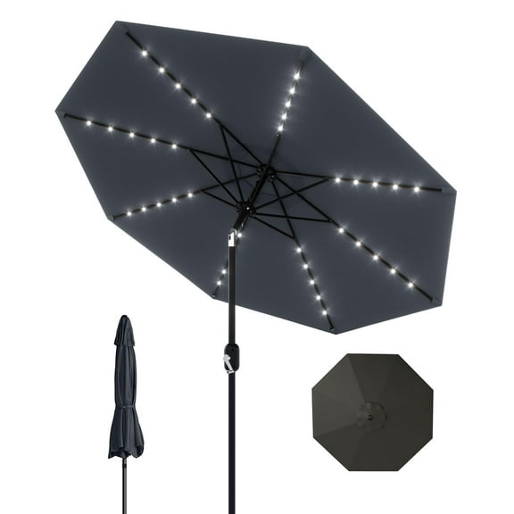 Solar LED Patio Table Umbrella, 10 FT Outdoor Market Umbrella with Tilt Crank for Garden, Pool, Deck, Backyard, 40 Lights