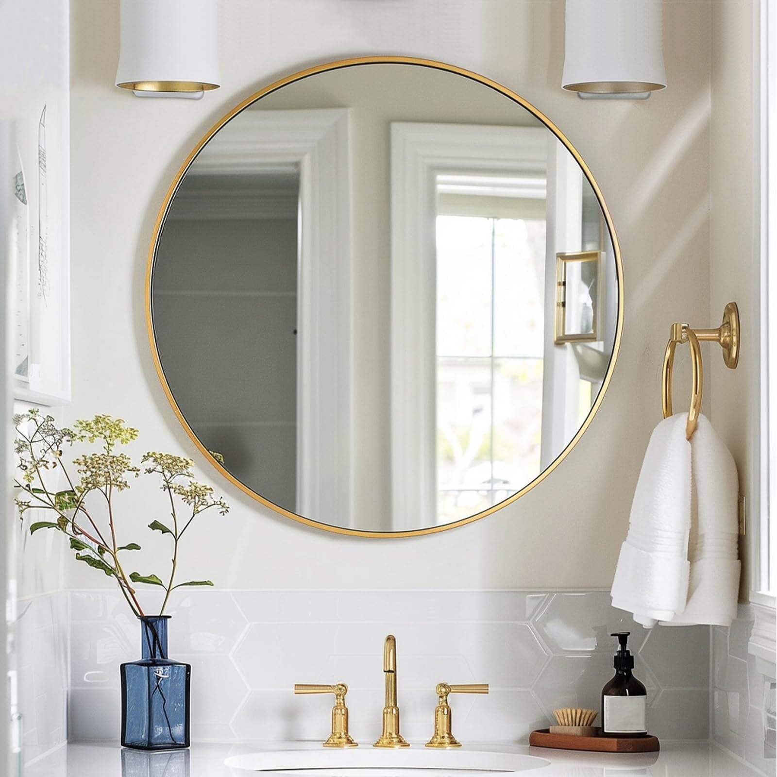 Mirstory 36.6"x36.6" Round Wall Mirror Wall-mounted Bathroom Mirror with Aluminum Frame,Gold
