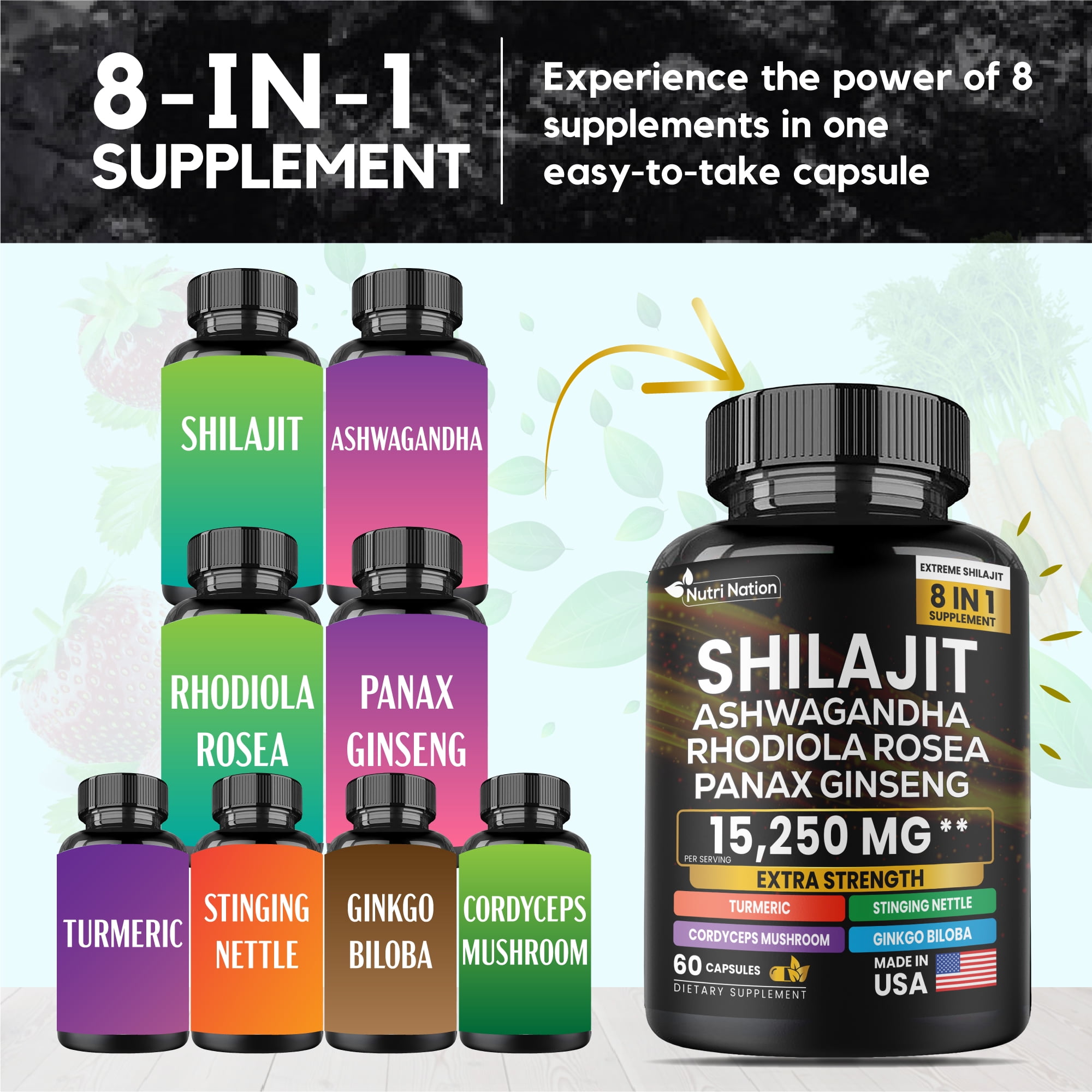Nutri Nation Shilajit Supplement with Ashwagandha, Rhodiola Rosea, Panax Ginseng, 60 Capsules