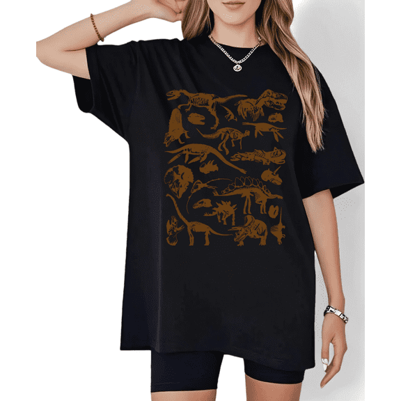 Women's Dinosaur Skeleton Collage Graphic T Shirt Casual Comfortable Short Sleeve Round Neck Top Black S-5XL