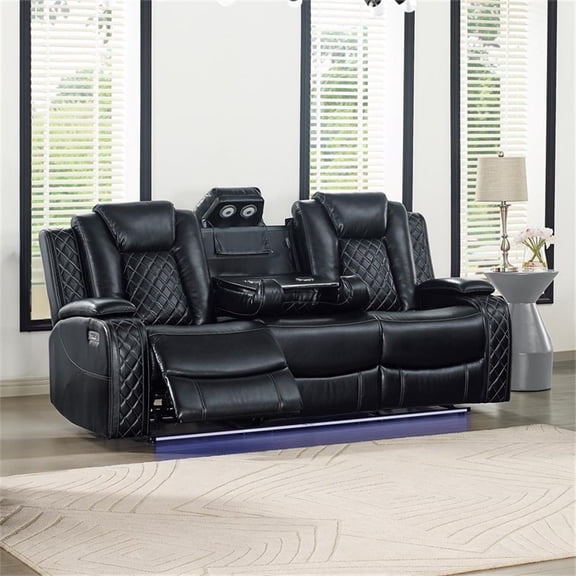 Pemberly Row Contemporary Faux Leather Power Sofa in Black Finish