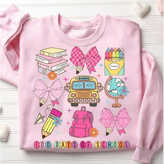 Little Girl 100 Days of School Sweatshirt, Coquette Pencil Bow Pullover, Teacher Gift School Celebration Shirt, Retro 100 Days of School Sweater