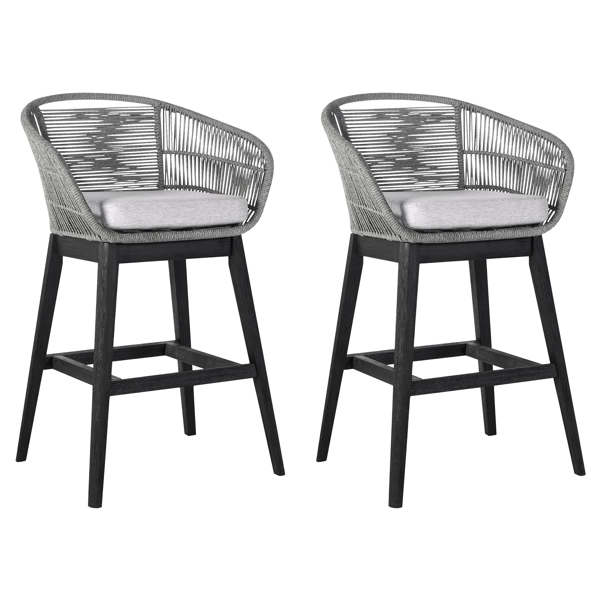 Tutti Frutti Indoor Outdoor Bar Height Bar Stool in Black Brushed Eucalyptus Wood with Gray Rope - Set of 2