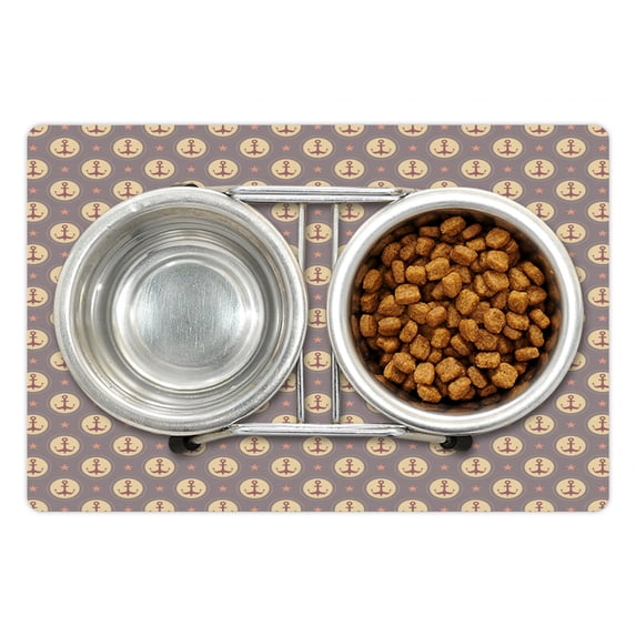 Anchor Pet Mat for Food and Water, Maritime Pattern with Circles Stars Boating Sailing Themed Illustration, Non-Slip Rubber Mat for Dogs and Cats, 18" X 12", by Ambesonne