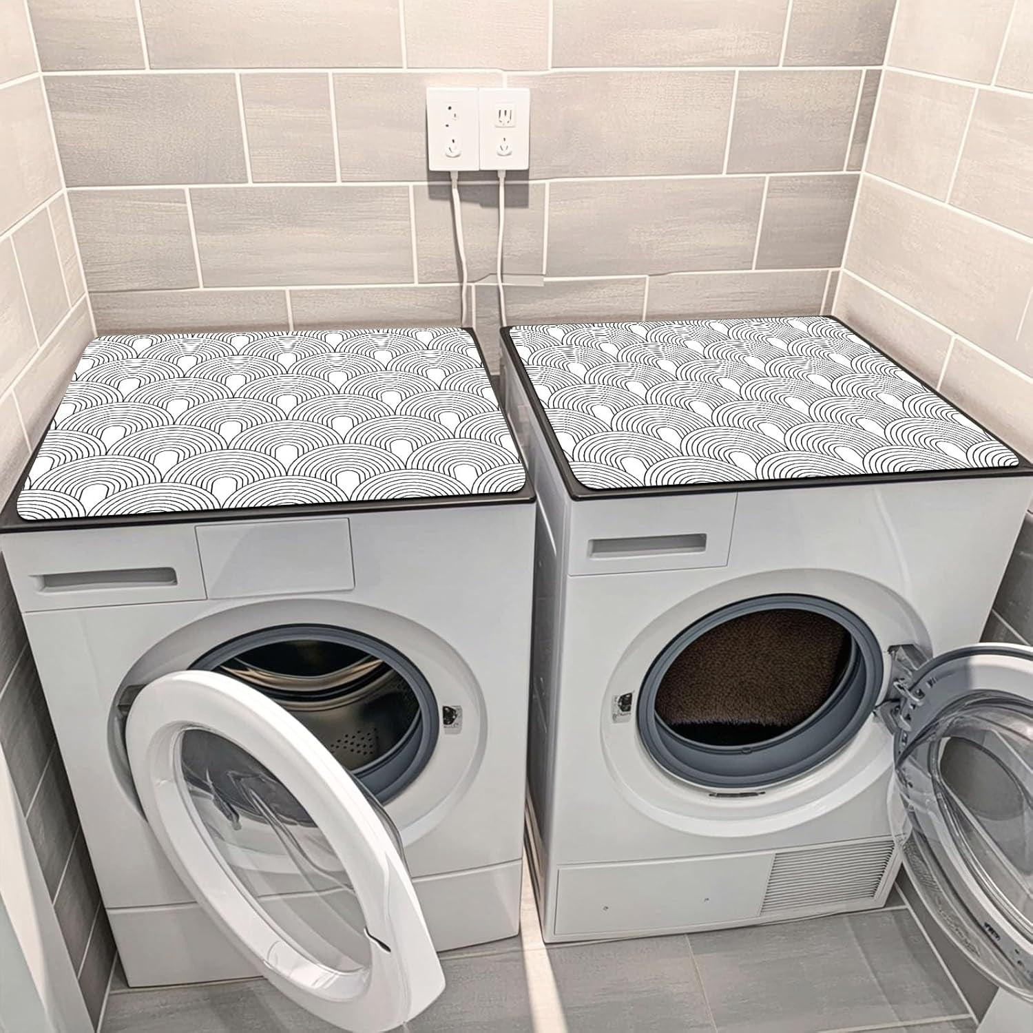 Non-Slip Washer & Dryer Top Cover Protector Mat Dust-Proof Washing Machine Cover Pad With Black White Modern Arched Design Universal 23.6"x19.7" for Laundry Room & Kitchen Decor