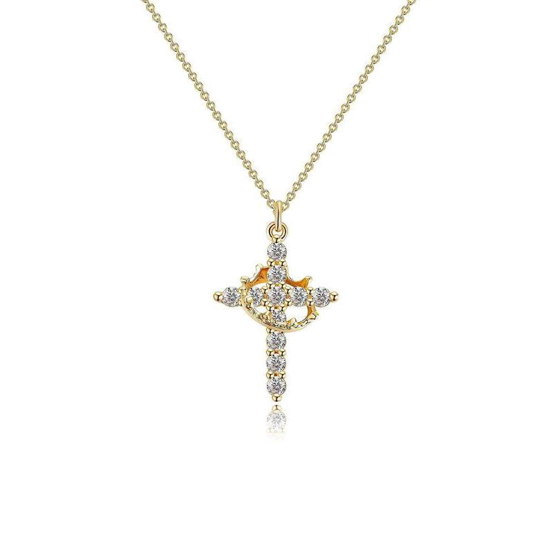Women's Gifts Upgraded Crown Cross Necklace for Women 14K Gold Plated Crown Cross Pendant Necklace Simple Diamond Gold Necklaces Faith Cross Jewelry First Communion Necklace