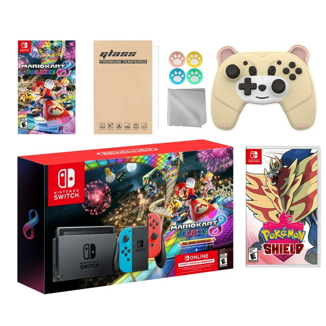 Nintendo Switch Mario Kart 8 Deluxe Bundle: Red/Blue Console, Mario Kart 8 & Membership, Pokemon Shield, Mytrix Wireless Pro Controller Peary Yellow Bear and Accessories