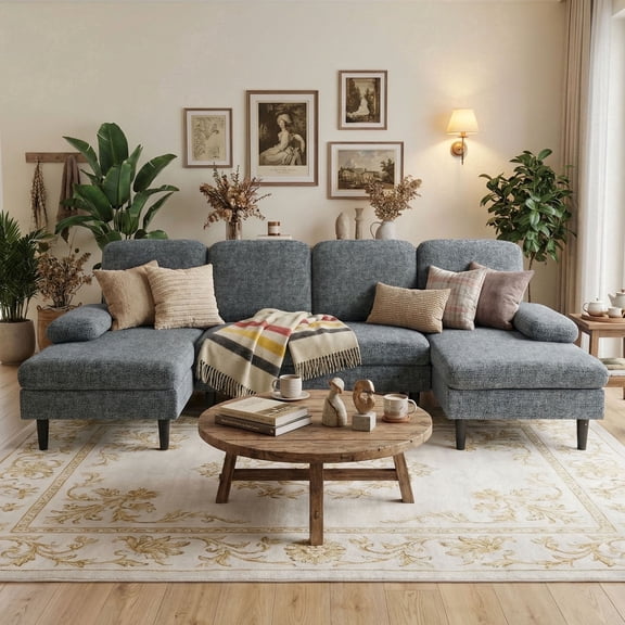 edx 99" U-Shaped 6 Seat Sofa Couch for Living Room, Linen Fabric Sofa Bed with Removable Pillows for Home and Apartment (Fabric, Dark Grey)