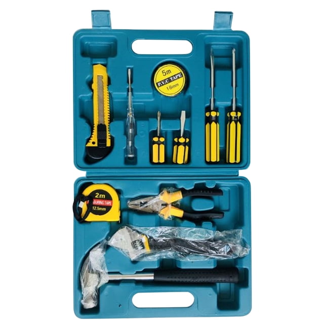 Yellow 12-Piece Multipurpose Repair Tool Kit with Storage Case – Plastic & Malleable Iron Construction, Includes Utility Knife, Test Pencil, Insulating Tape, Screwdrivers, 2M Tape Measure, 6-Inch