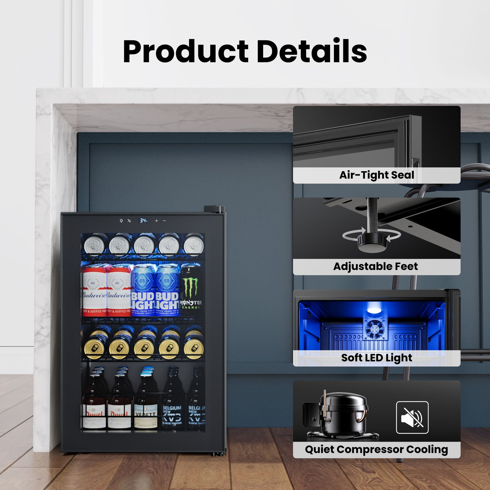 Yeego 85 Cans Beverage Refrigerator, Glass Door Beverage Cooler for Home Dorm Office Bar, Black